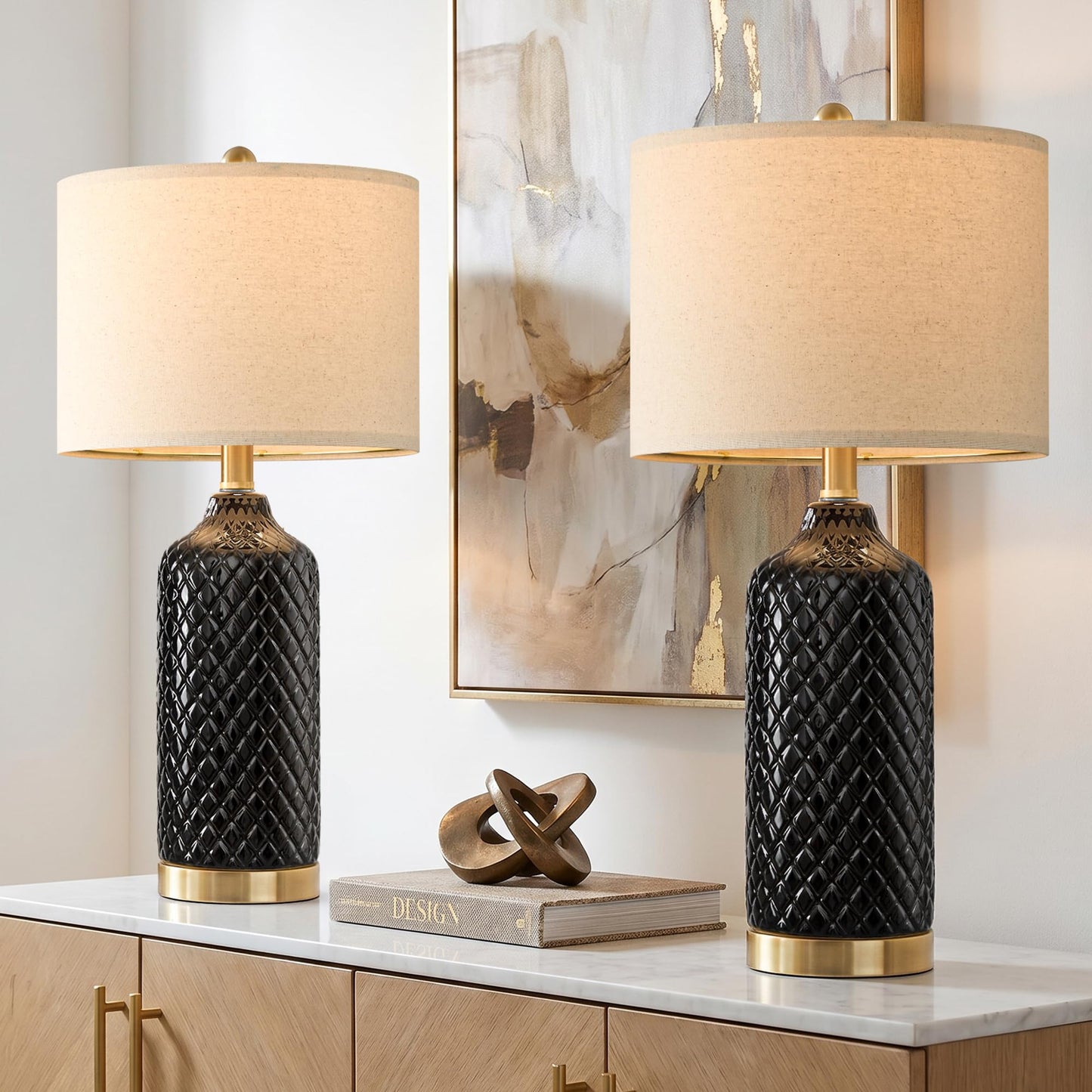 Modern Silver Ceramic Table Lamp Set of 2 Bedside Nightstand Lamps for Bedroom Living Room