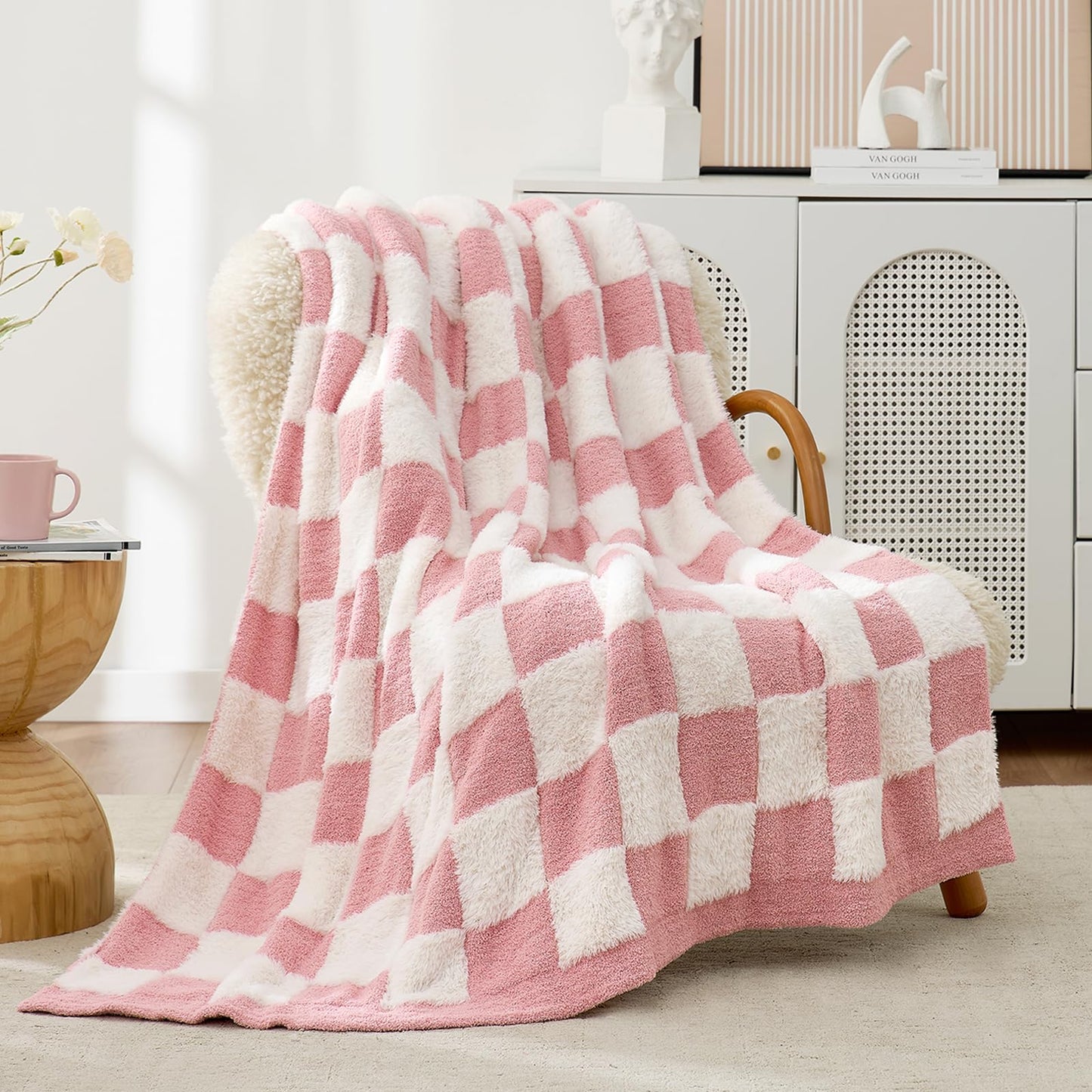 Snuggle Sac Faux Fur Checkered Throw Blanket with Fluffy Microfiber Fabric