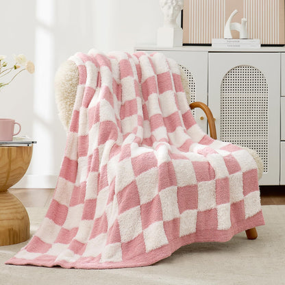 Snuggle Sac Faux Fur Checkered Throw Blanket with Fluffy Microfiber Fabric