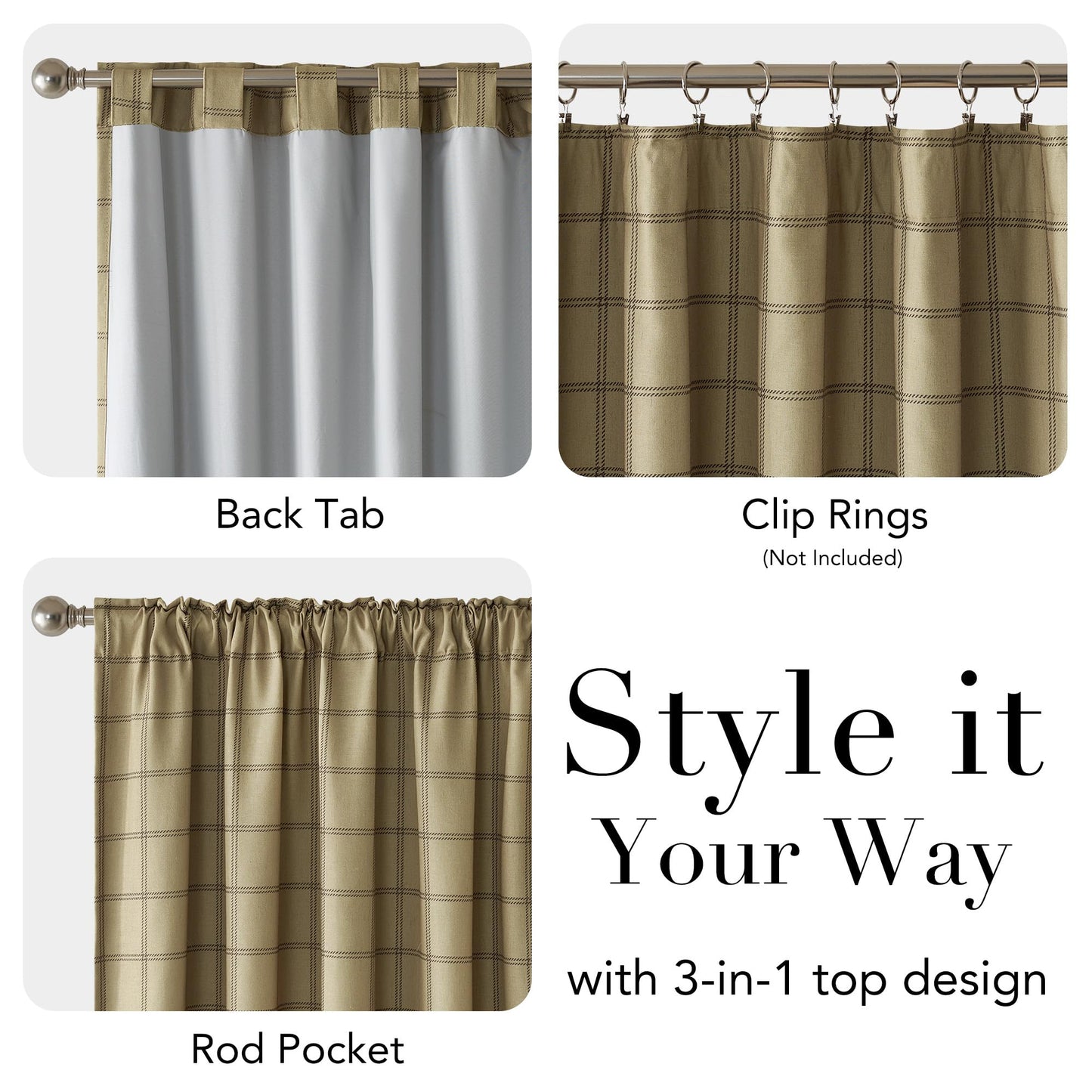 Linen Plaid Blackout Curtains Rod Pocket Back Tab Windowpane Drapes for Living Room Bedroom