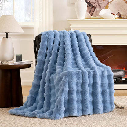 Faux Fur Throw Blanket Soft Plush Bubble Blanket for Couch Sofa Bedroom Living Room