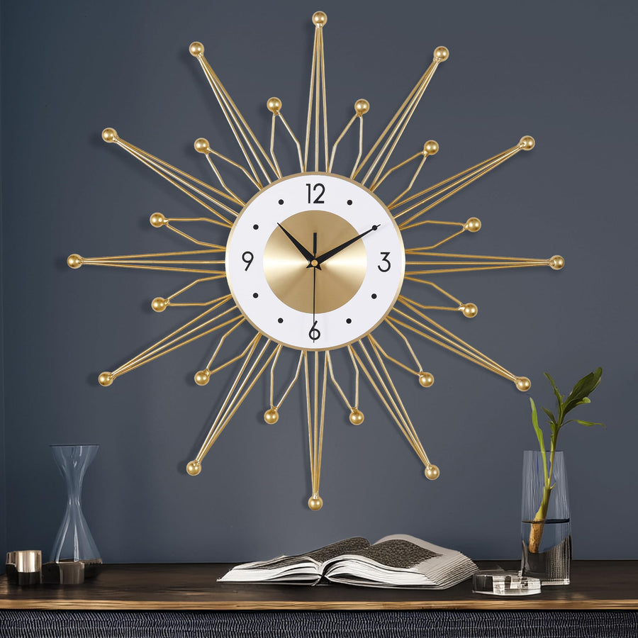 Silent Gold Metal Starburst Wall Clock 23 Inch Mid Century Modern Battery Operated Decorative Clock for Living Room Kitchen Office