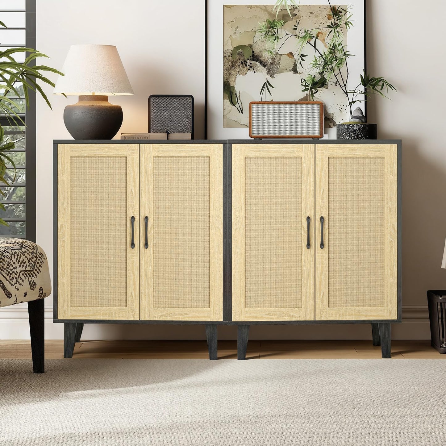 Rattan Door Sideboard Buffet Cabinet with Storage Accent Kitchen Cupboard