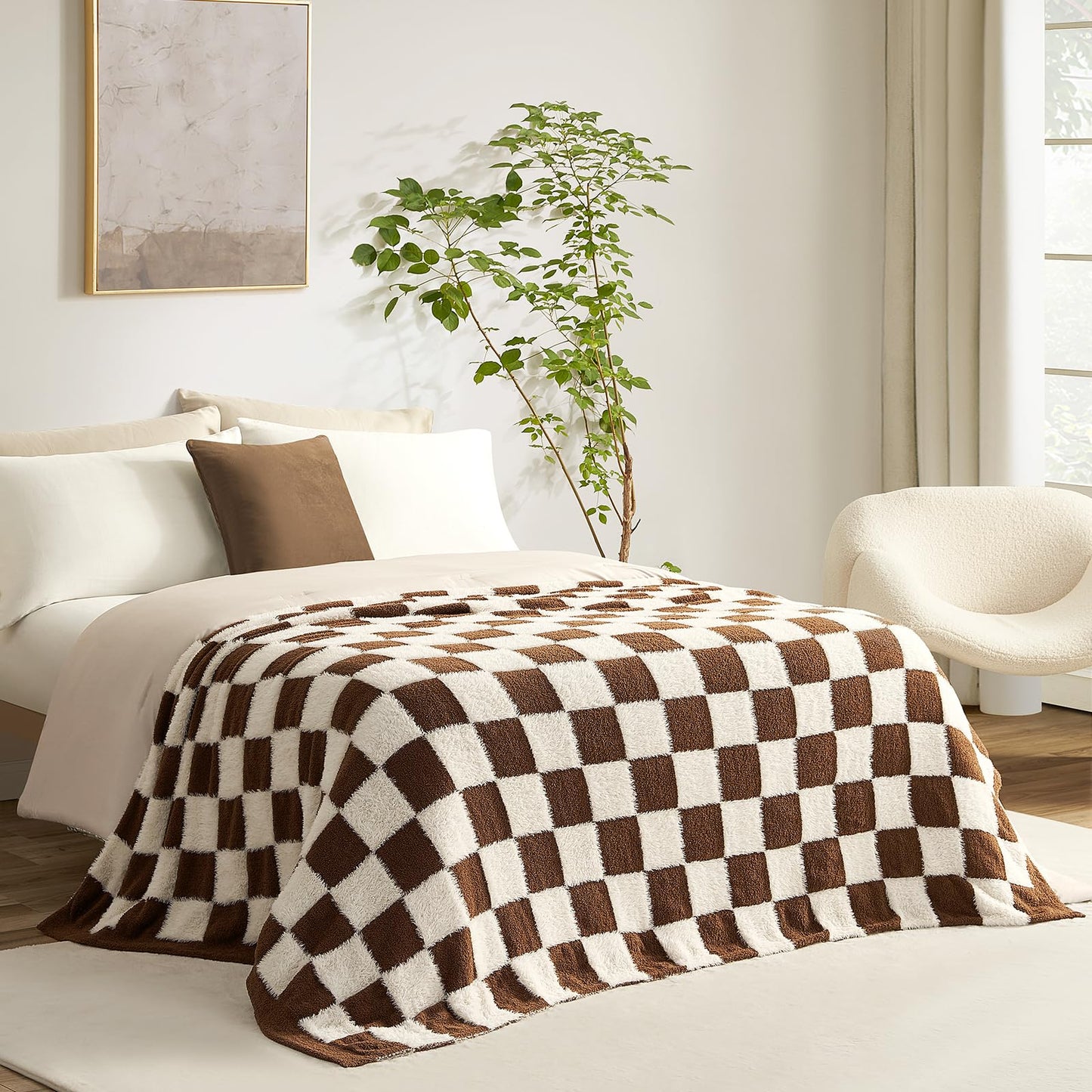 Snuggle Sac Faux Fur Checkered Throw Blanket with Fluffy Microfiber Fabric