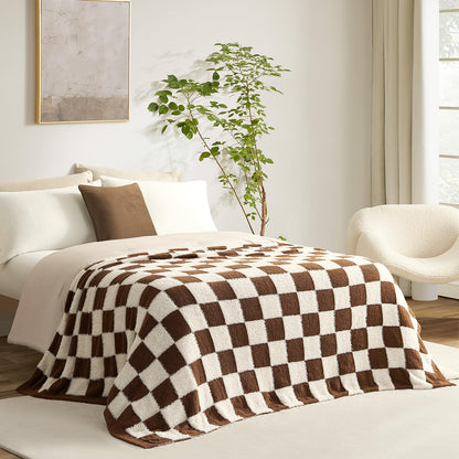 Snuggle Sac Faux Fur Checkered Throw Blanket with Fluffy Microfiber Fabric