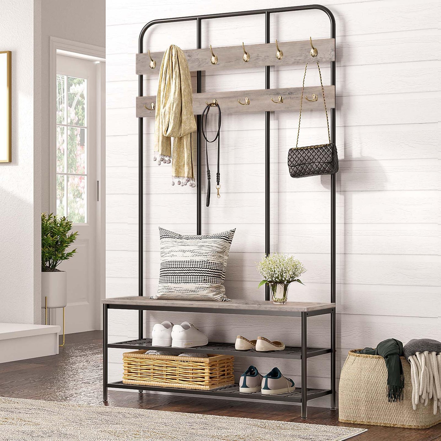Hall Tree with Bench Coat Rack and Shoe Storage Entryway Organizer