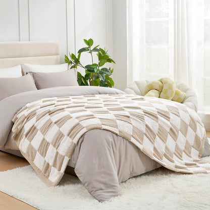 Snuggle Sac Faux Fur Checkered Throw Blanket with Fluffy Microfiber Fabric