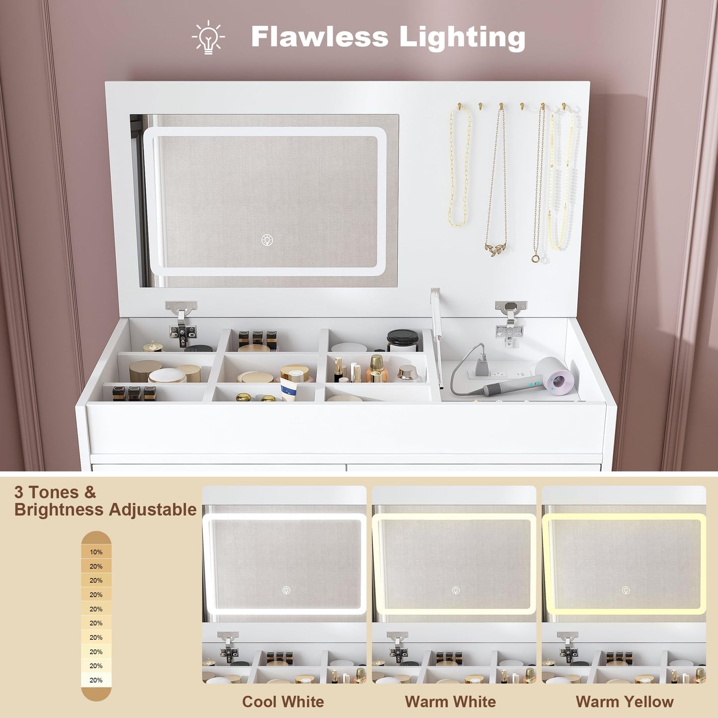 Flip Top Vanity Desk with LED Mirror, Power Outlet, Drawers and Storage Makeup Table