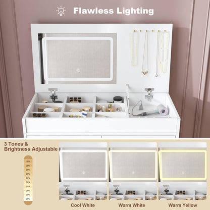 Flip Top Vanity Desk with LED Mirror, Power Outlet, Drawers and Storage Makeup Table