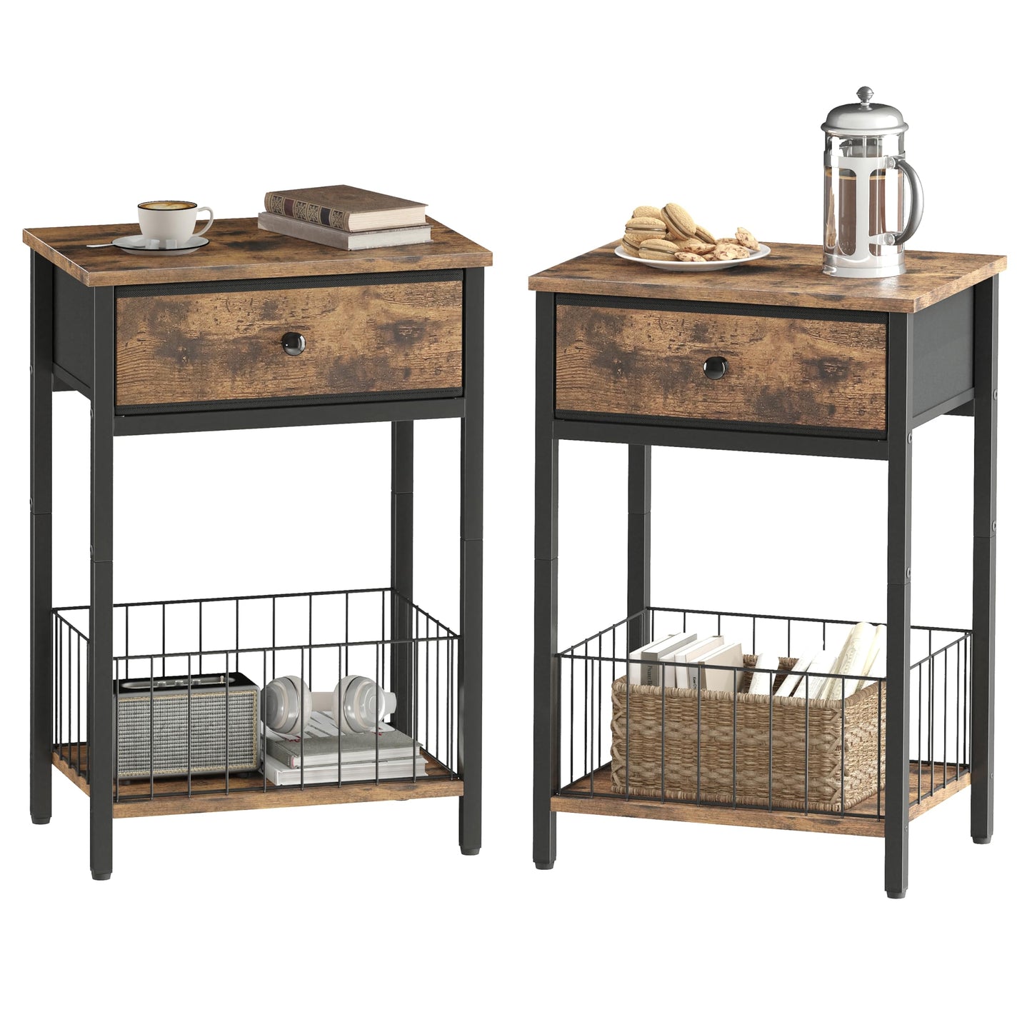Industrial Nightstand with Drawer and 3-Tier Storage End Table