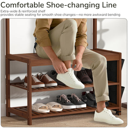 Hall Tree Entryway Bench with Coat Rack and Shoe Storage Bamboo Frame