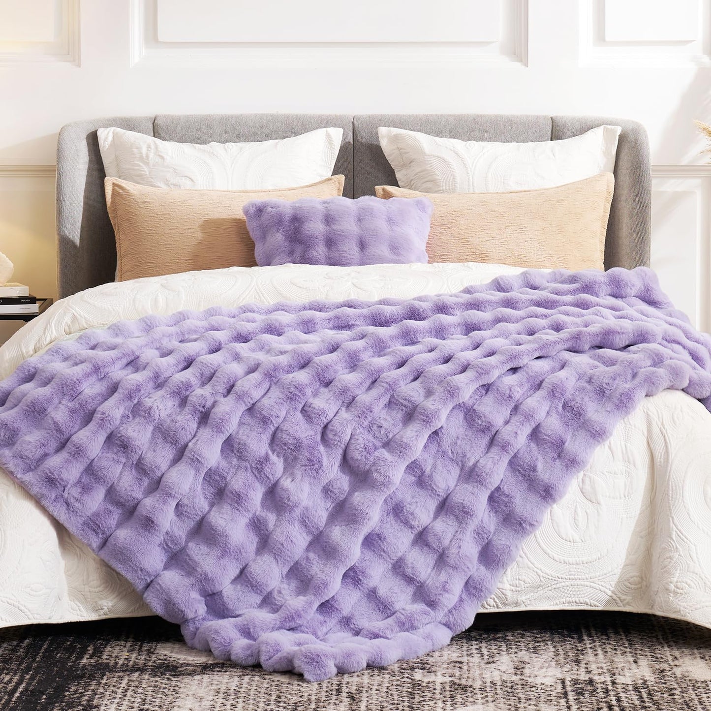Faux Fur Throw Blanket Soft Plush Bubble Blanket for Couch Sofa Bedroom Living Room