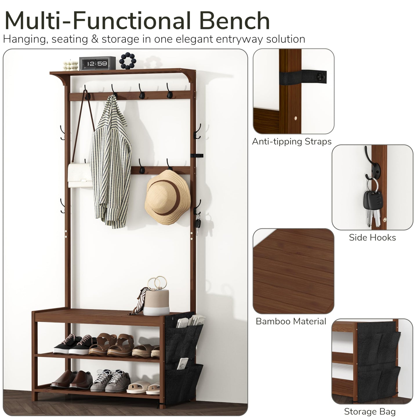 Hall Tree Entryway Bench with Coat Rack and Shoe Storage Bamboo Frame
