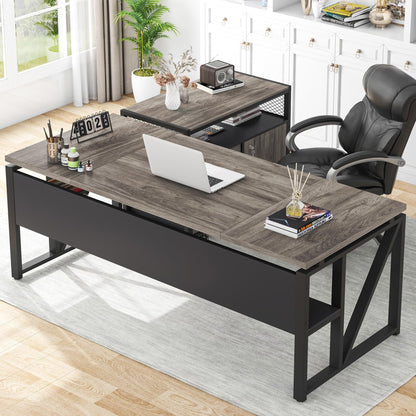 L-Shaped Executive Desk with Drawer Cabinet and File Storage Home Office Furniture