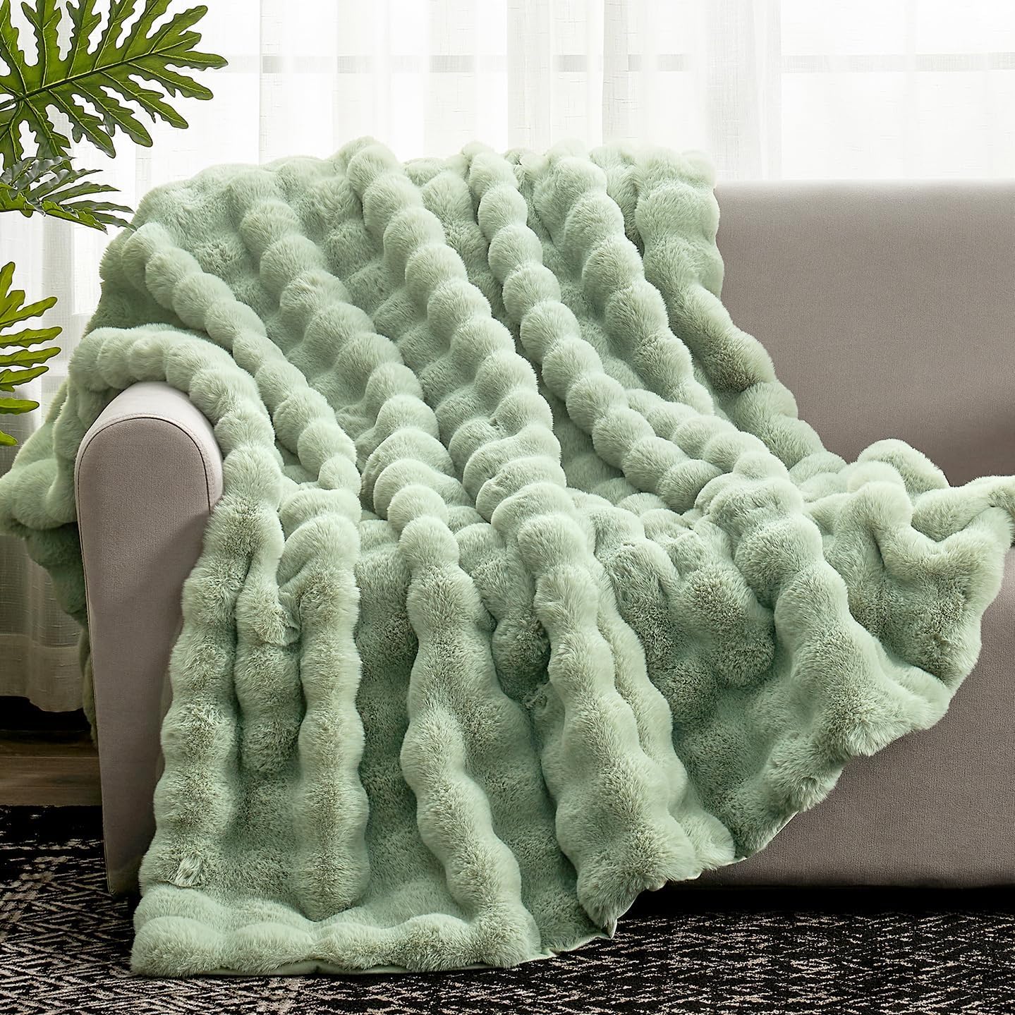 Faux Fur Throw Blanket Soft Plush Bubble Blanket for Couch Sofa Bedroom Living Room