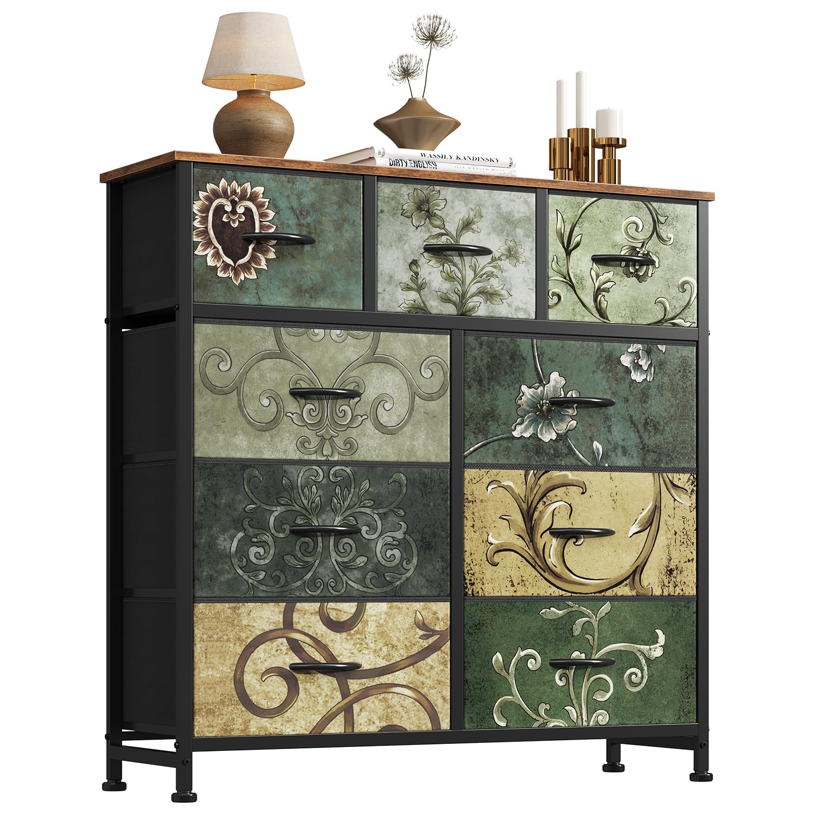 Fabric Dresser Storage Unit with Metal Frame and Wooden Top Chest Organizer