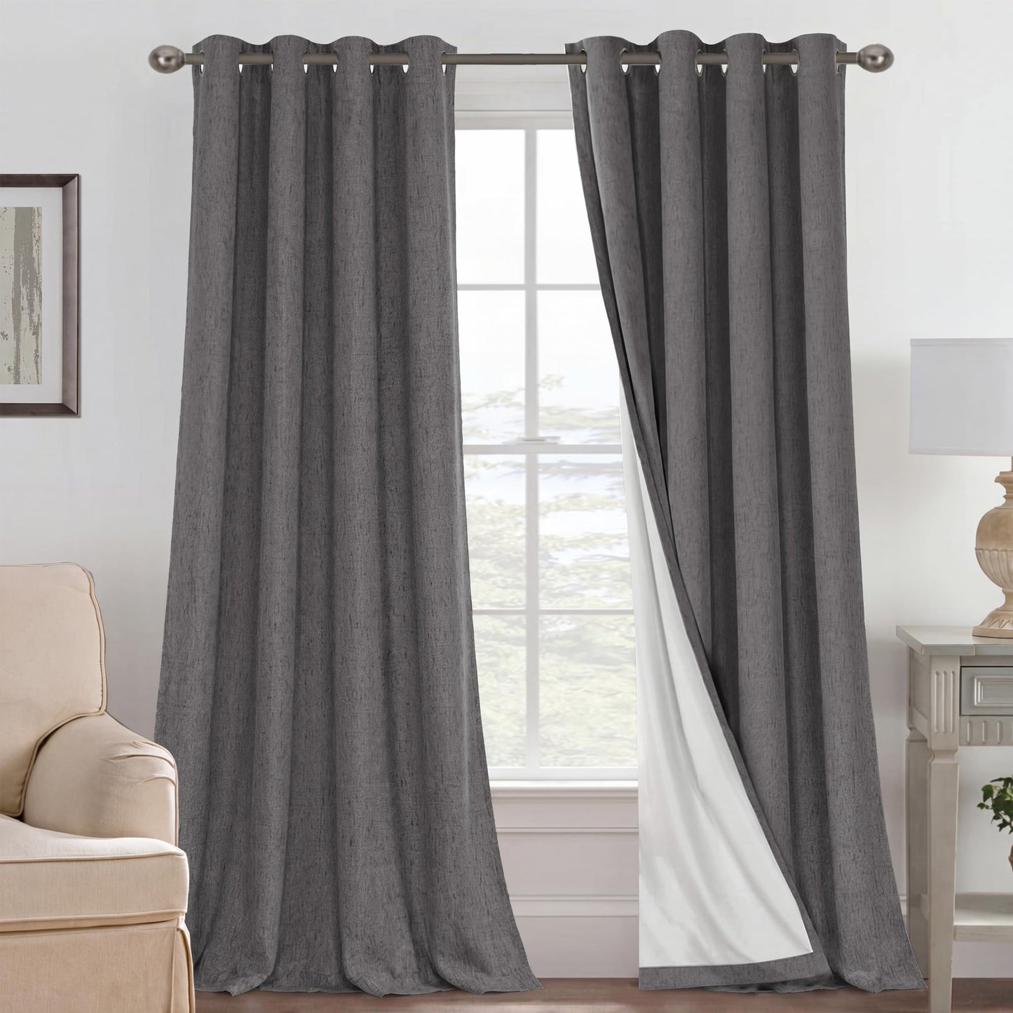 Linen Blackout Curtains Thick Textured Thermal Insulated Extra Wide Grommet Patio Door Drapes