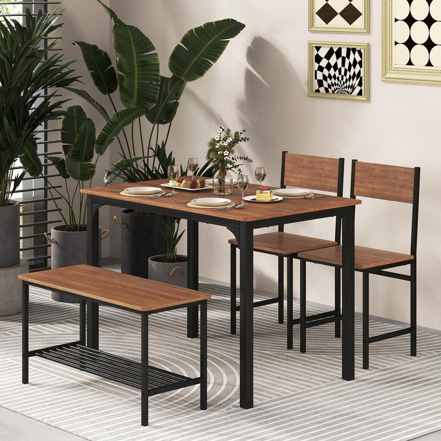 Dining Table Set for 4 with Bench, Chairs and Storage Rack Industrial Space Saving Design
