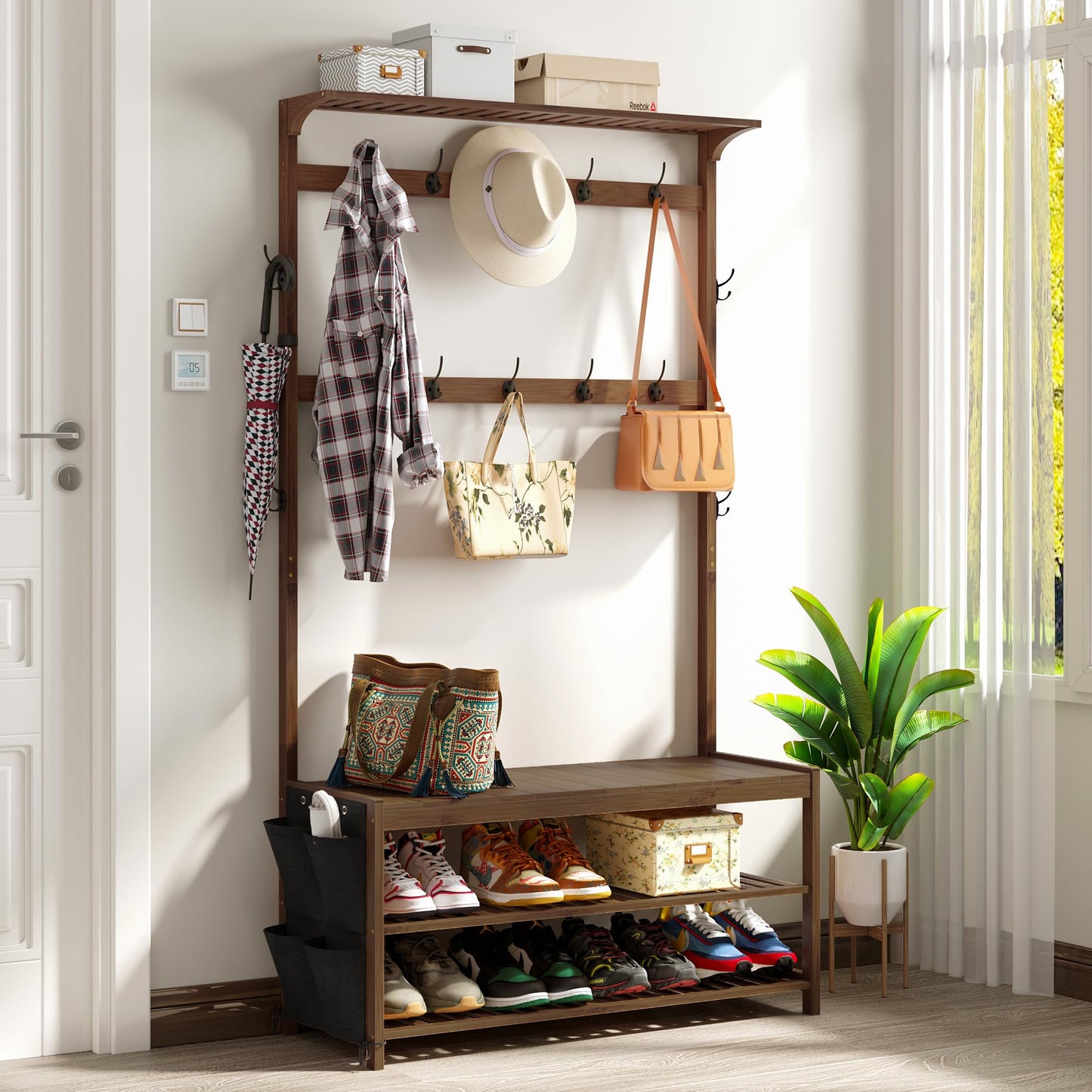 Hall Tree Entryway Bench with Coat Rack and Shoe Storage Bamboo Frame
