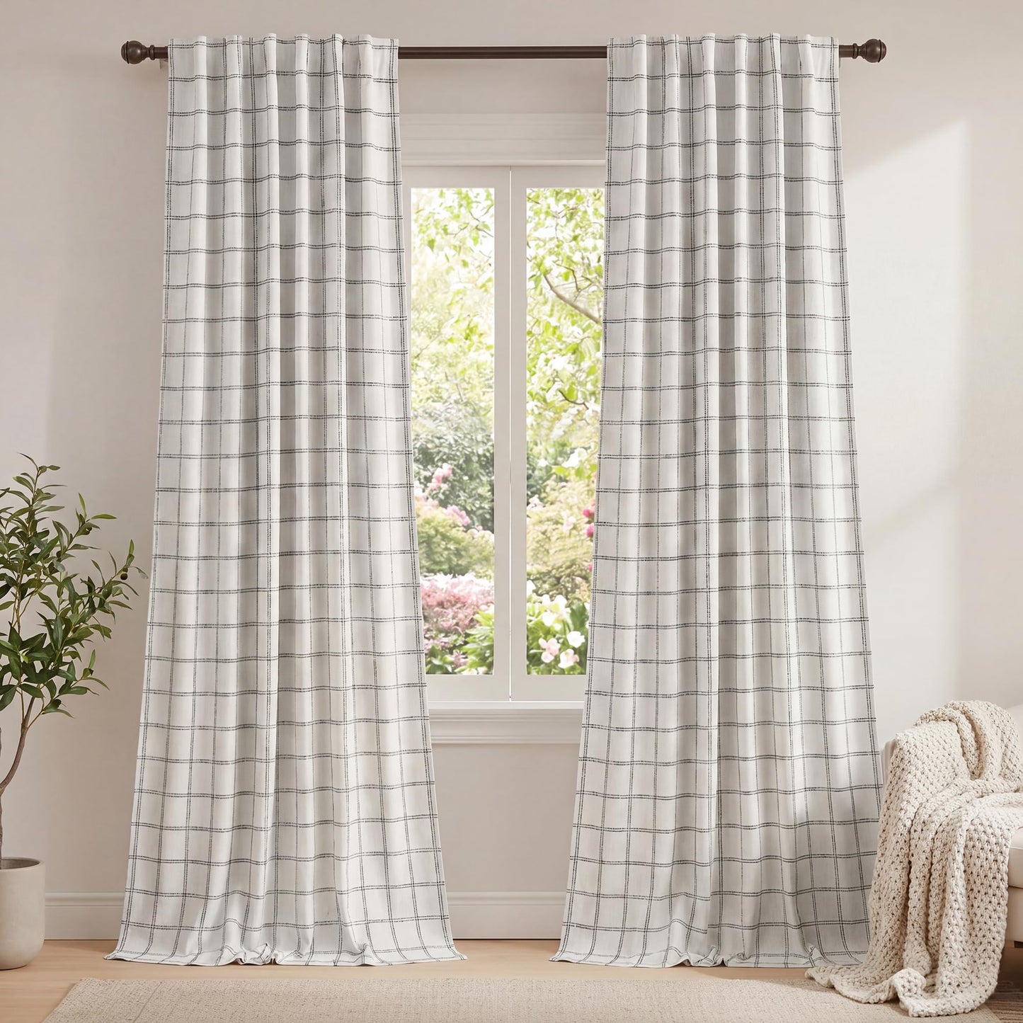 Linen Plaid Blackout Curtains Rod Pocket Back Tab Windowpane Drapes for Living Room Bedroom