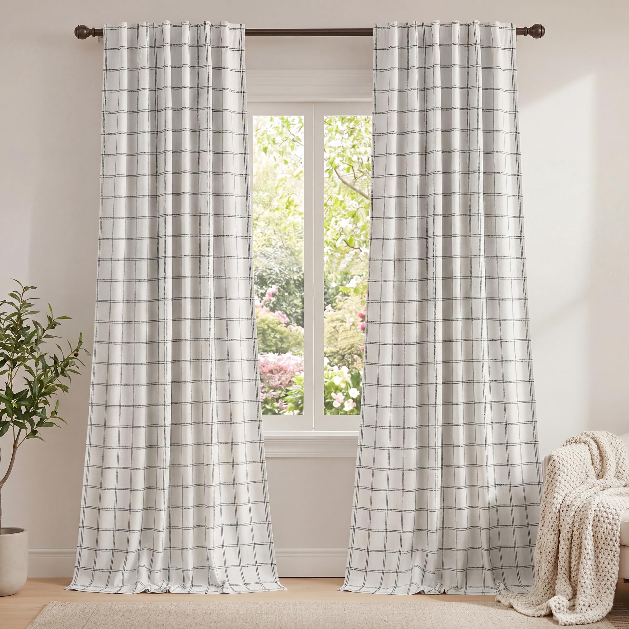 Linen Plaid Blackout Curtains Rod Pocket Back Tab Windowpane Drapes for Living Room Bedroom
