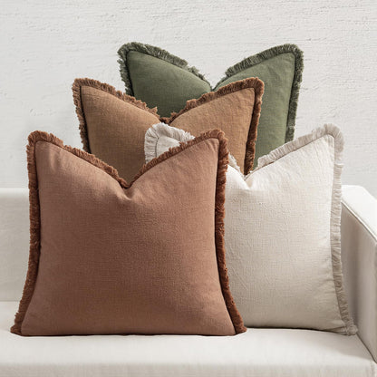 Neutral Linen Fringe Throw Pillow Covers Set of 4 Boho Farmhouse Tassel Cushion Covers for Sofa Bed Living Room Decor
