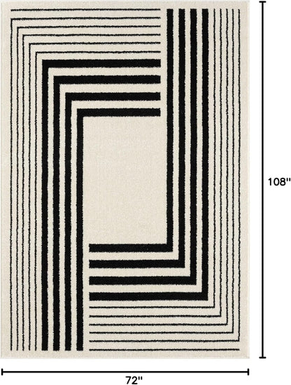 Geometric Beige Black Area Rug 3D Lines Modern Durable High Traffic Rug