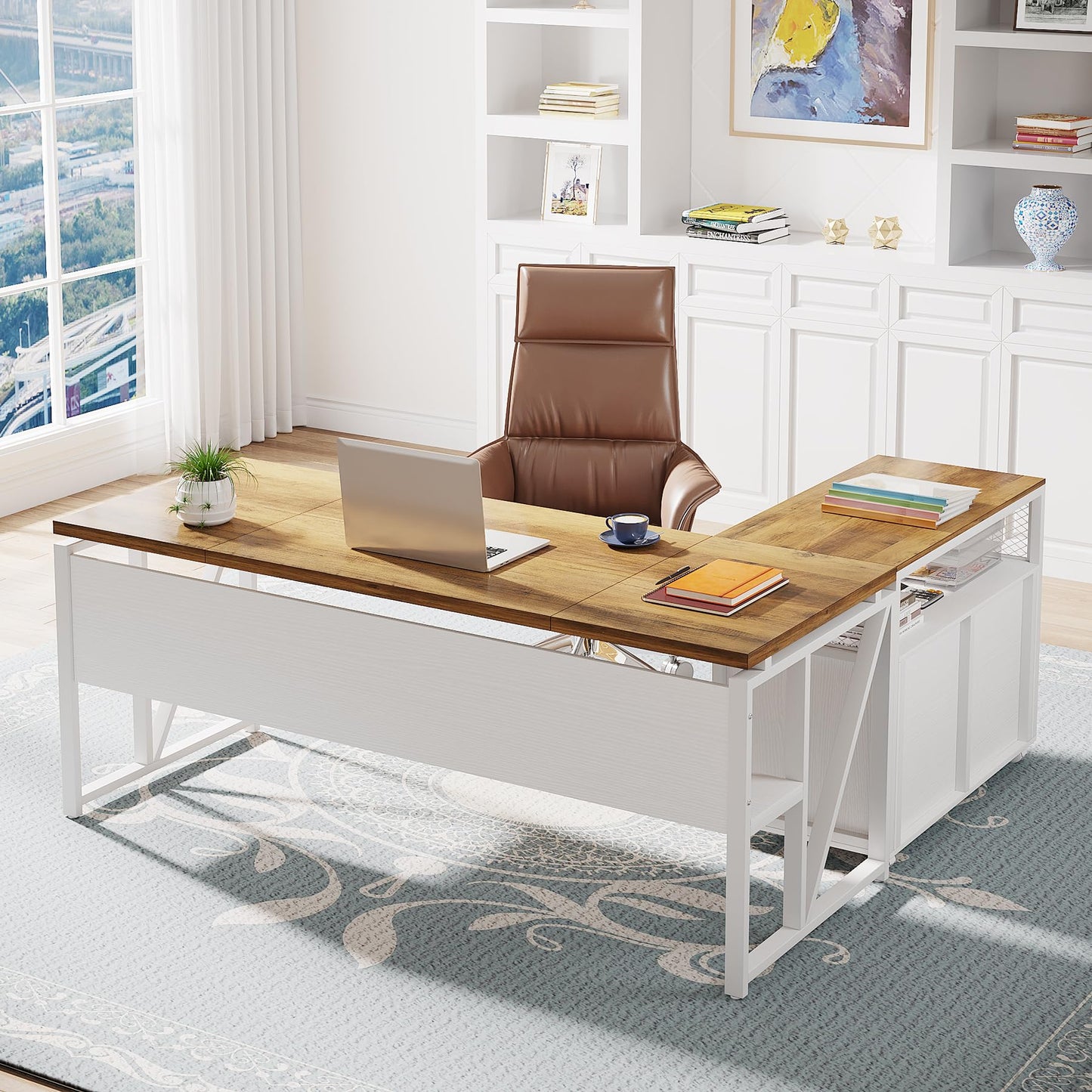 L-Shaped Executive Desk with Drawer Cabinet and File Storage Home Office Furniture