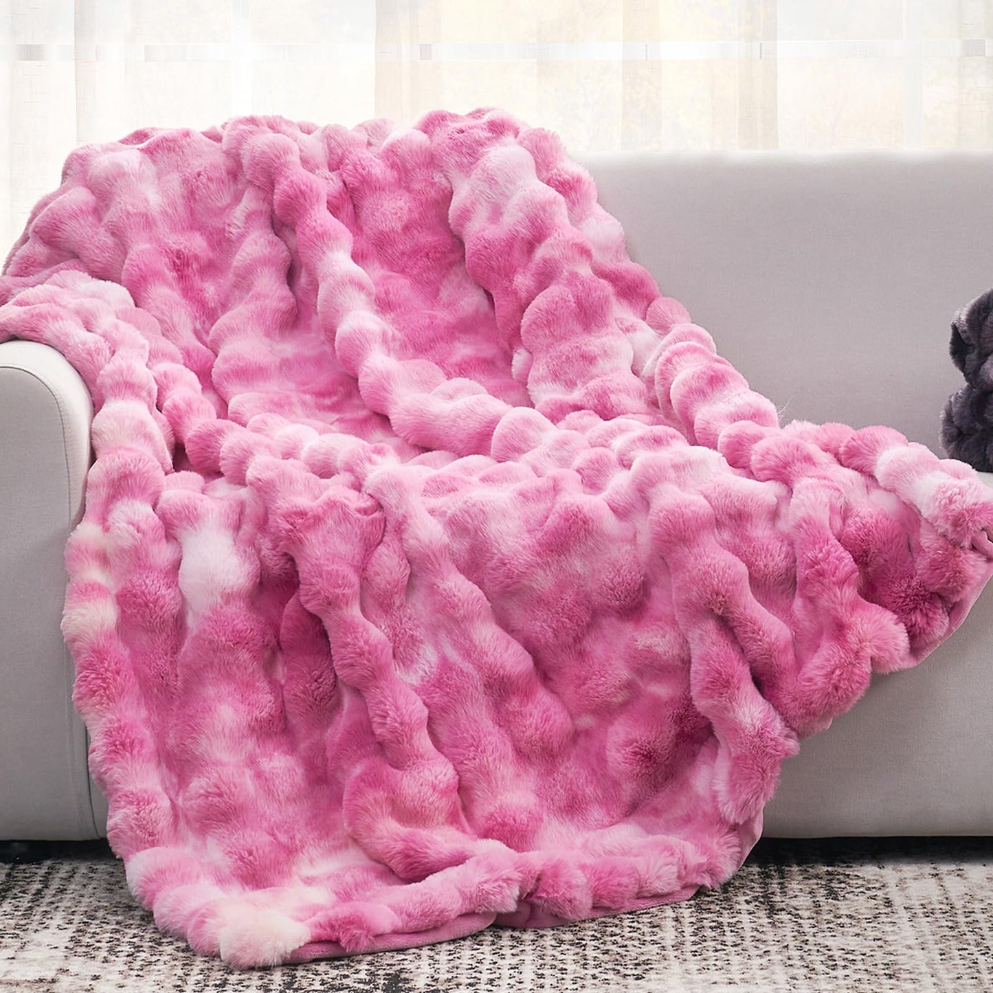 Faux Fur Throw Blanket Soft Plush Bubble Blanket for Couch Sofa Bedroom Living Room