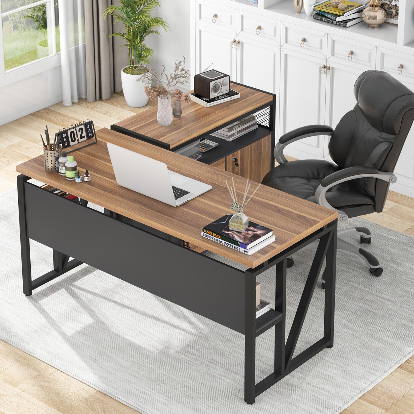 L-Shaped Executive Desk with Drawer Cabinet and File Storage Home Office Furniture