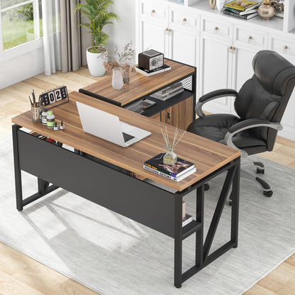 L-Shaped Executive Desk with Drawer Cabinet and File Storage Home Office Furniture
