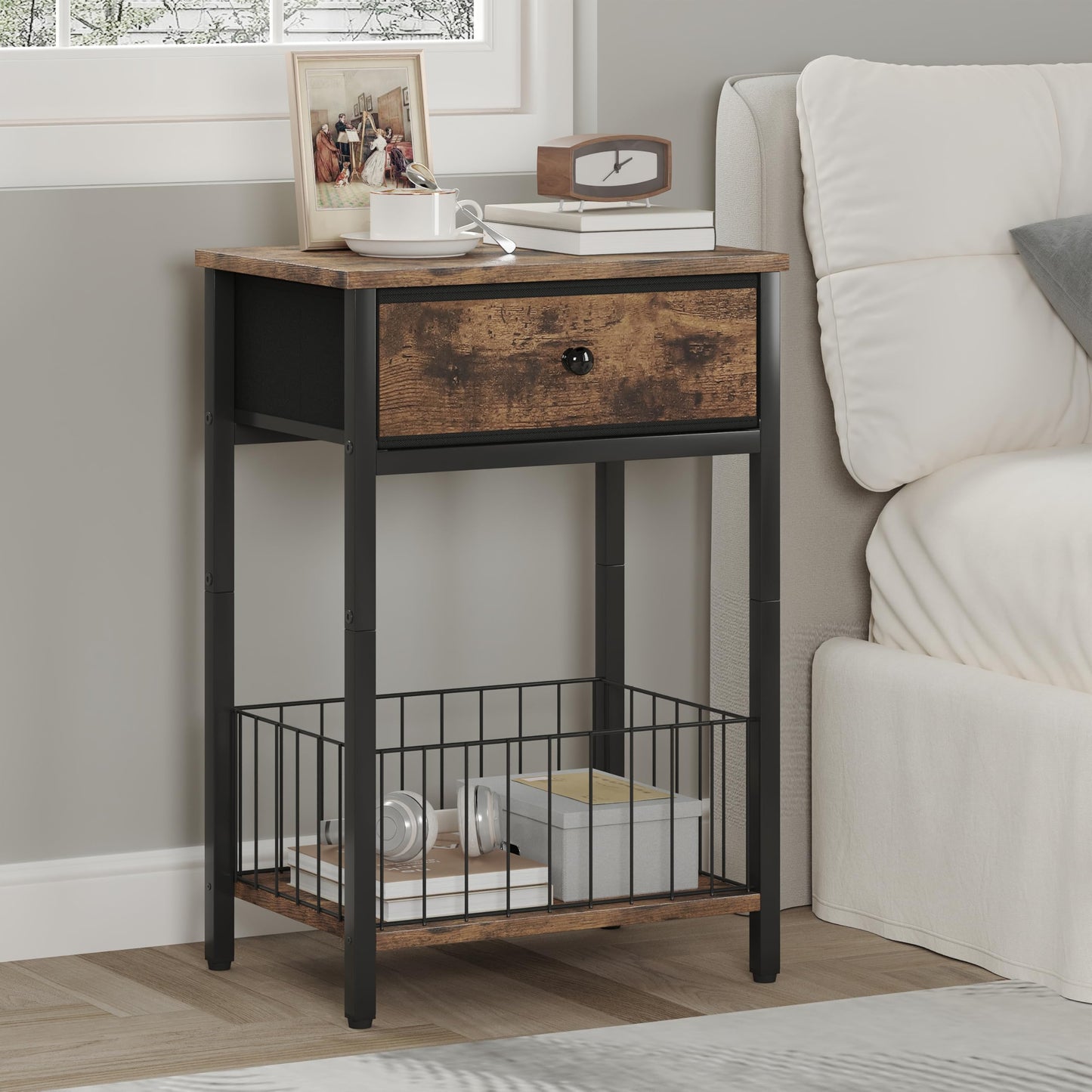 Industrial Nightstand with Drawer and 3-Tier Storage End Table