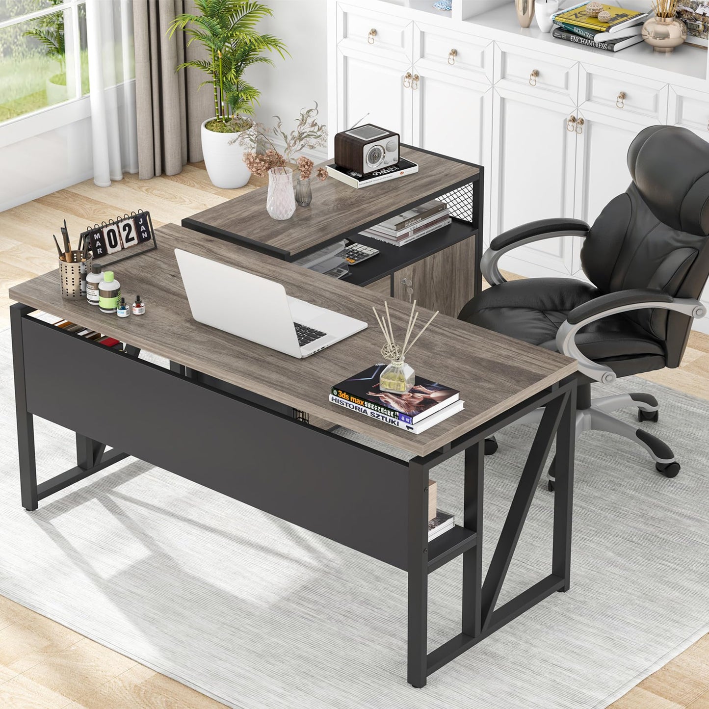 L-Shaped Executive Desk with Drawer Cabinet and File Storage Home Office Furniture