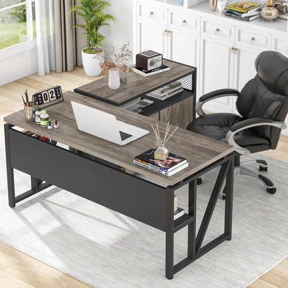 L-Shaped Executive Desk with Drawer Cabinet and File Storage Home Office Furniture