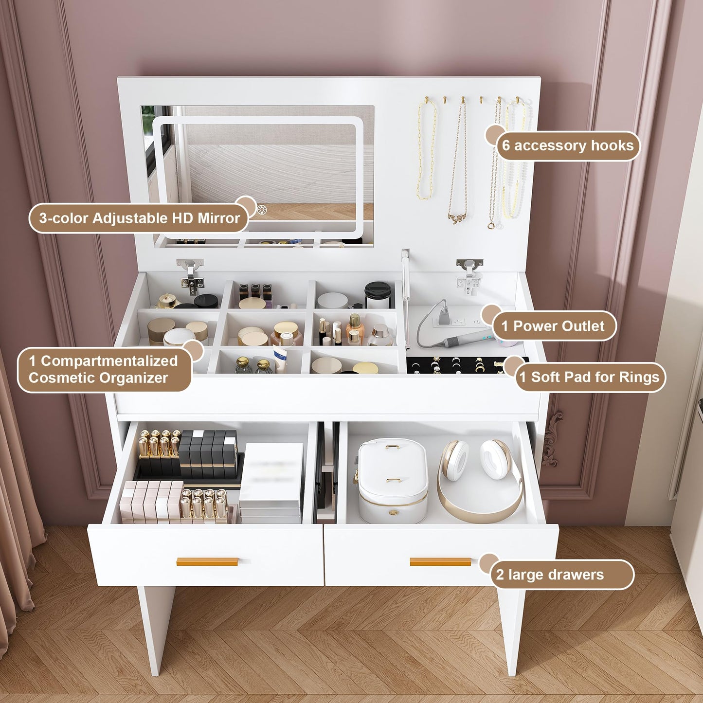 Flip Top Vanity Desk with LED Mirror, Power Outlet, Drawers and Storage Makeup Table