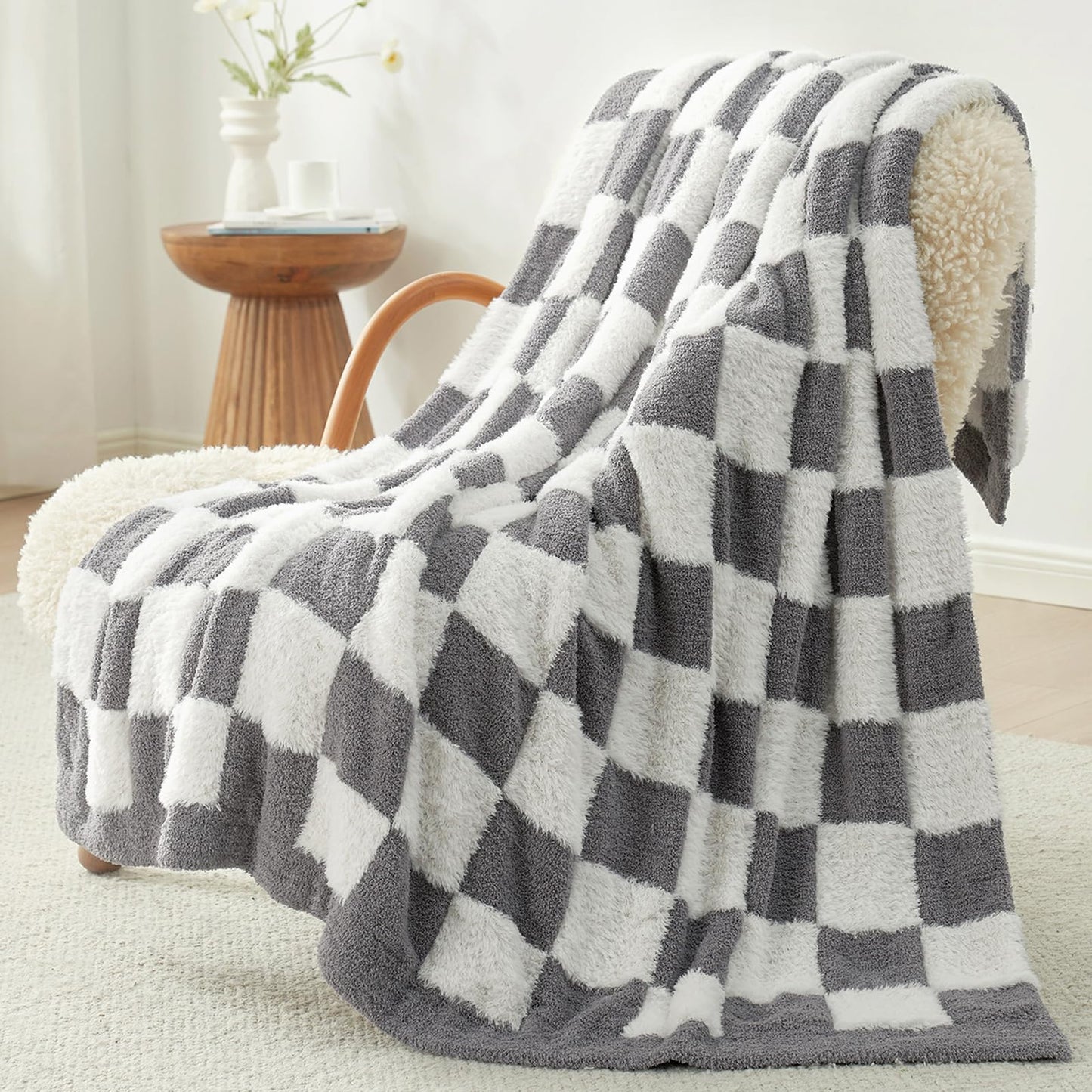 Snuggle Sac Faux Fur Checkered Throw Blanket with Fluffy Microfiber Fabric