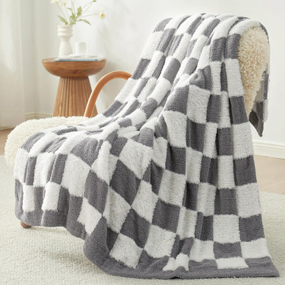 Snuggle Sac Faux Fur Checkered Throw Blanket with Fluffy Microfiber Fabric