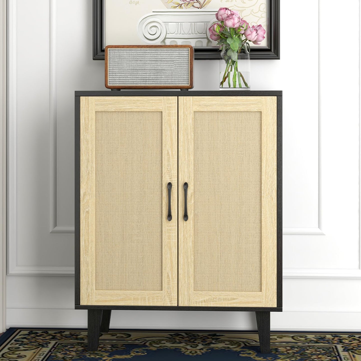Rattan Door Sideboard Buffet Cabinet with Storage Accent Kitchen Cupboard