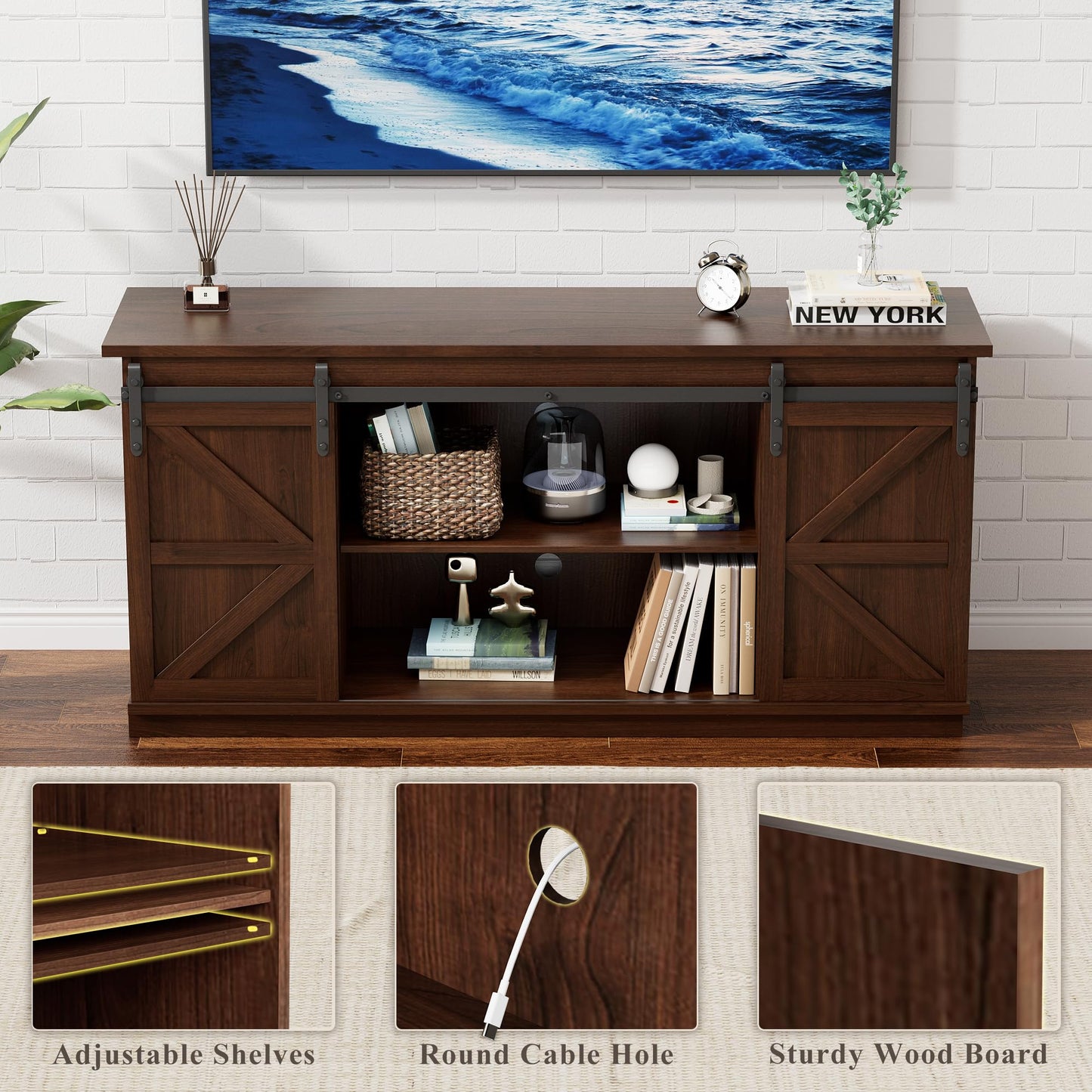 TV Stand for 65 Inch TVs with Sliding Barn Doors and Storage Cabinets