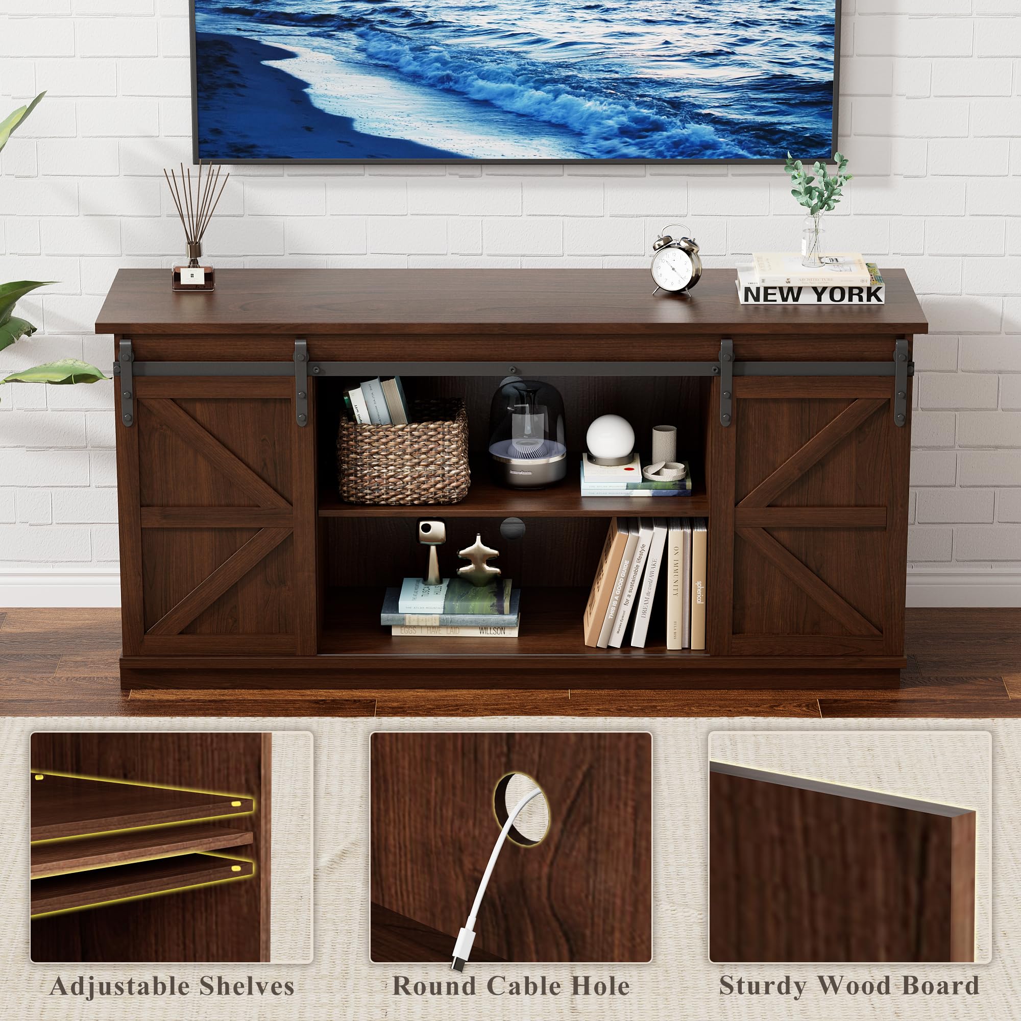 TV Stand for 65 Inch TVs with Sliding Barn Doors and Storage Cabinets