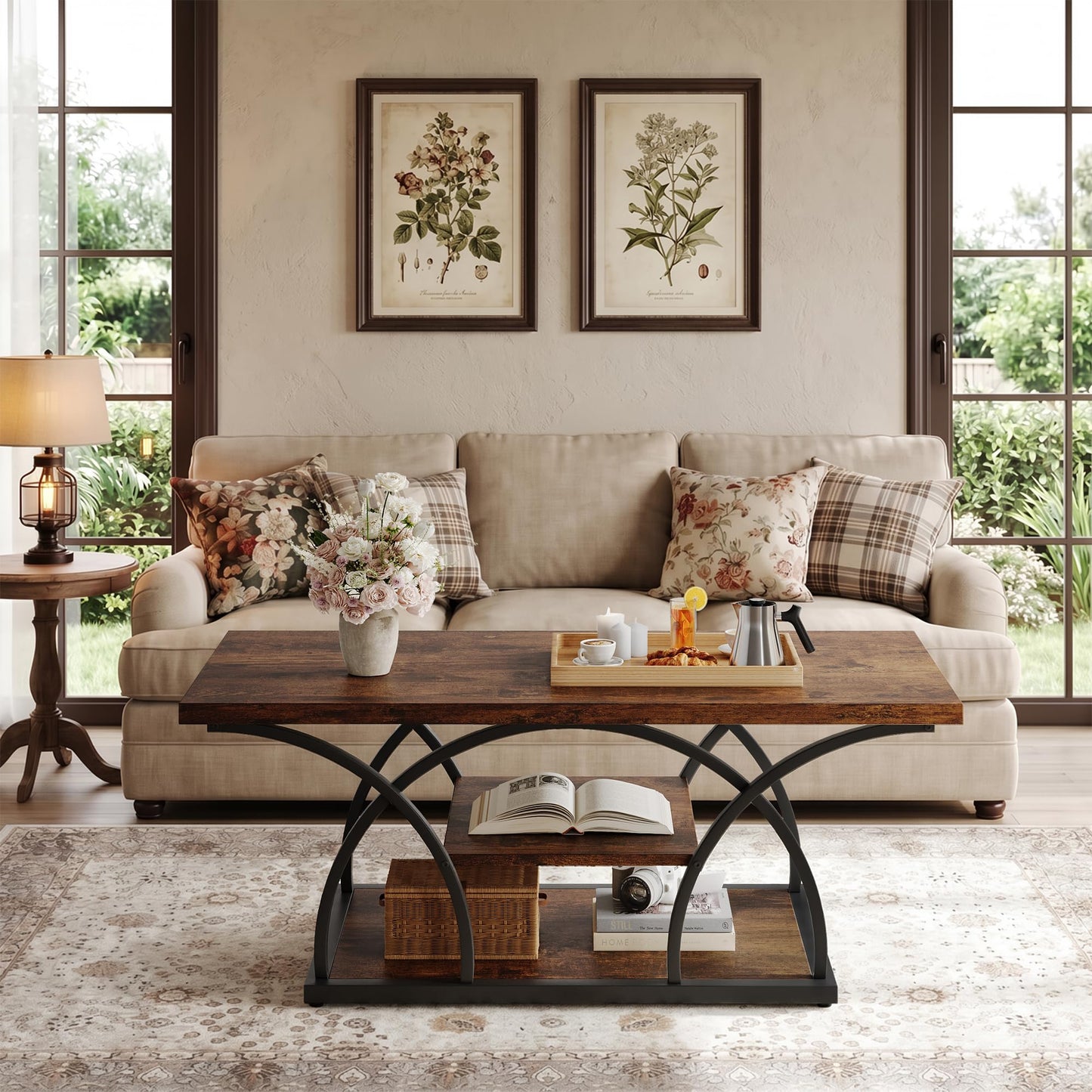 Rustic 3-Tier Coffee Table with Storage Industrial Wood Metal Frame