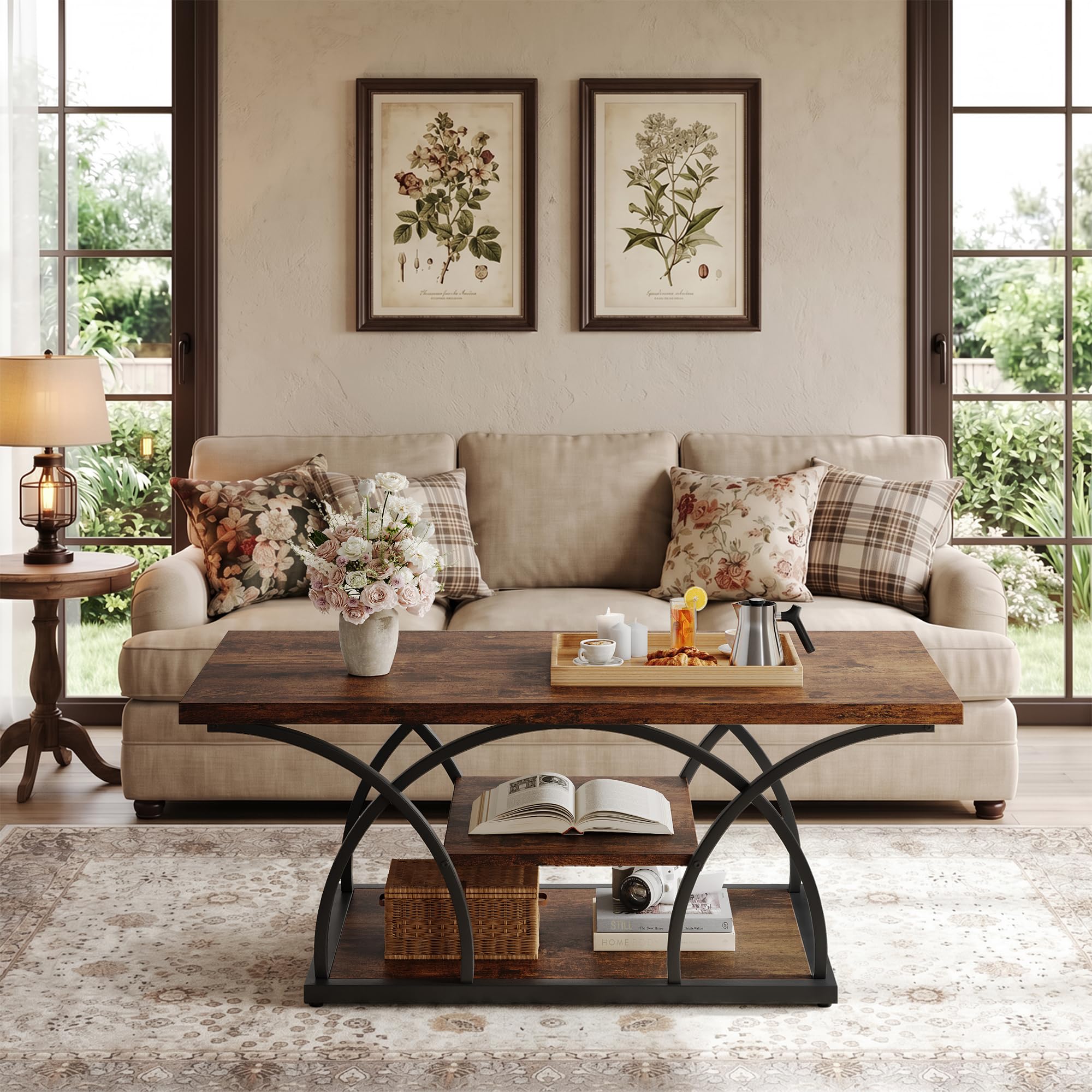 Rustic 3-Tier Coffee Table with Storage Industrial Wood Metal Frame