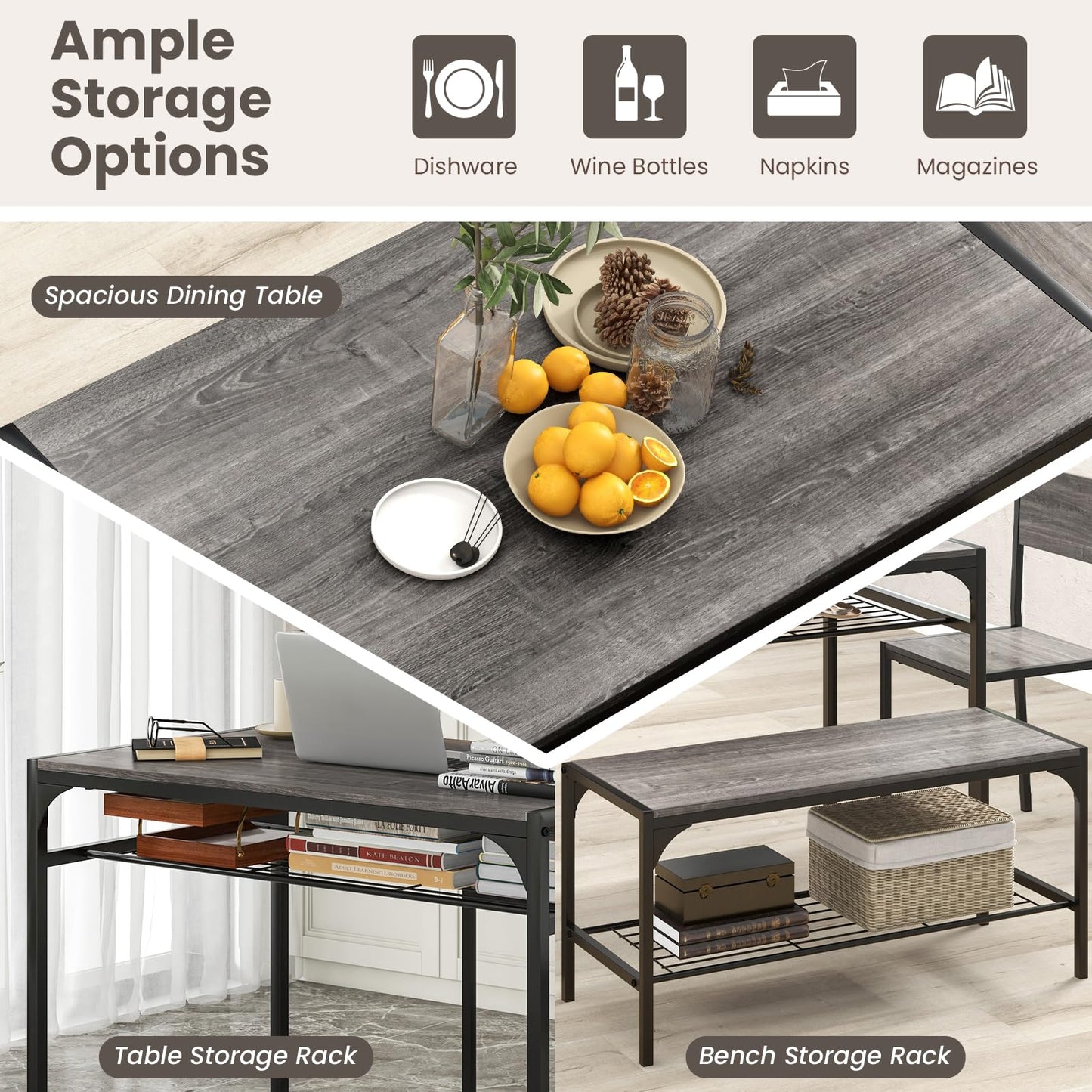 Dining Table Set for 4 with Bench, Metal Frame and Storage Rack, Modern Small Space Design