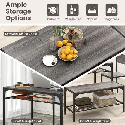Dining Table Set for 4 with Bench, Metal Frame and Storage Rack, Modern Small Space Design