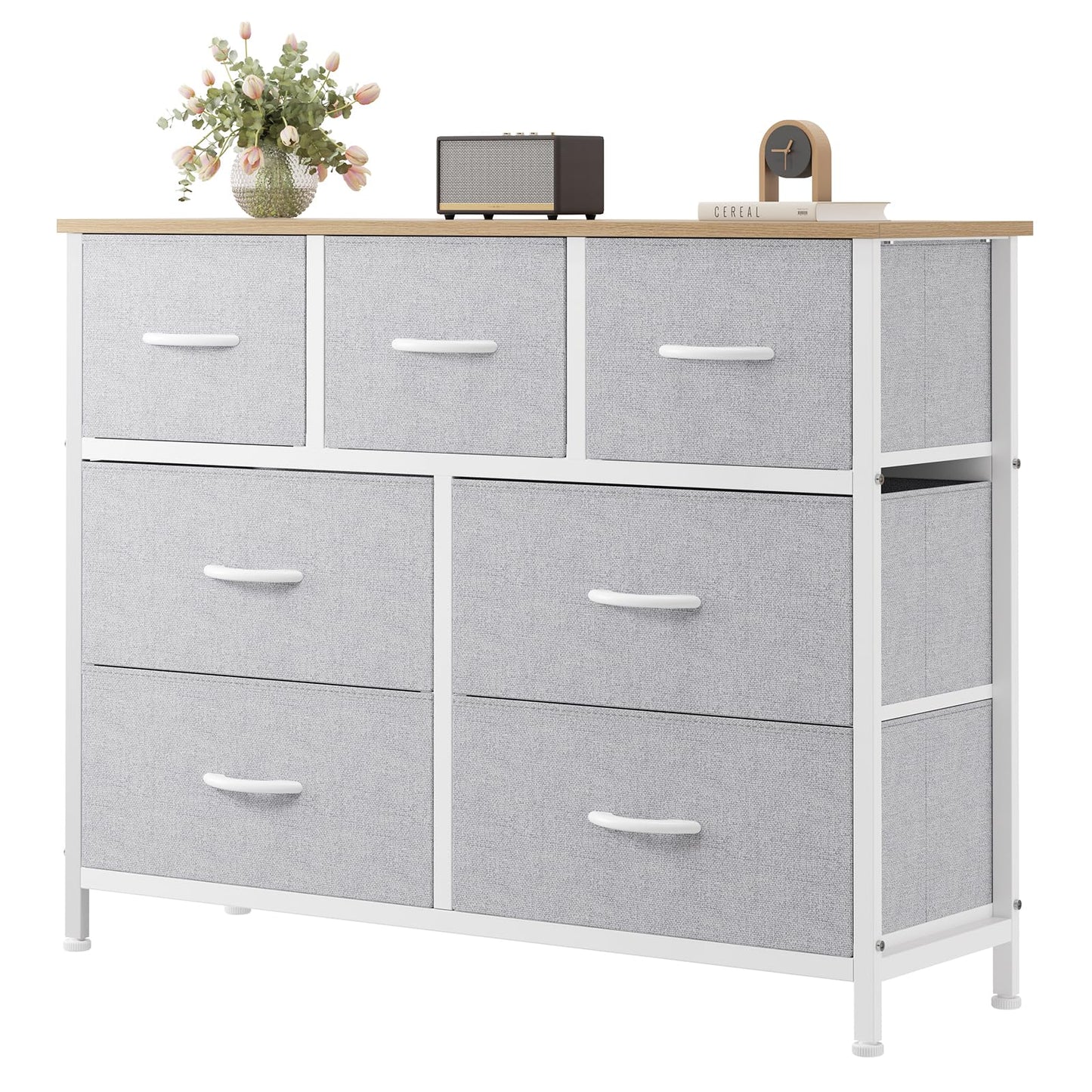 7-Drawer Fabric Dresser Storage Tower with Steel Frame and Wood Top