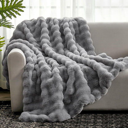 Faux Fur Throw Blanket Soft Plush Bubble Blanket for Couch Sofa Bedroom Living Room