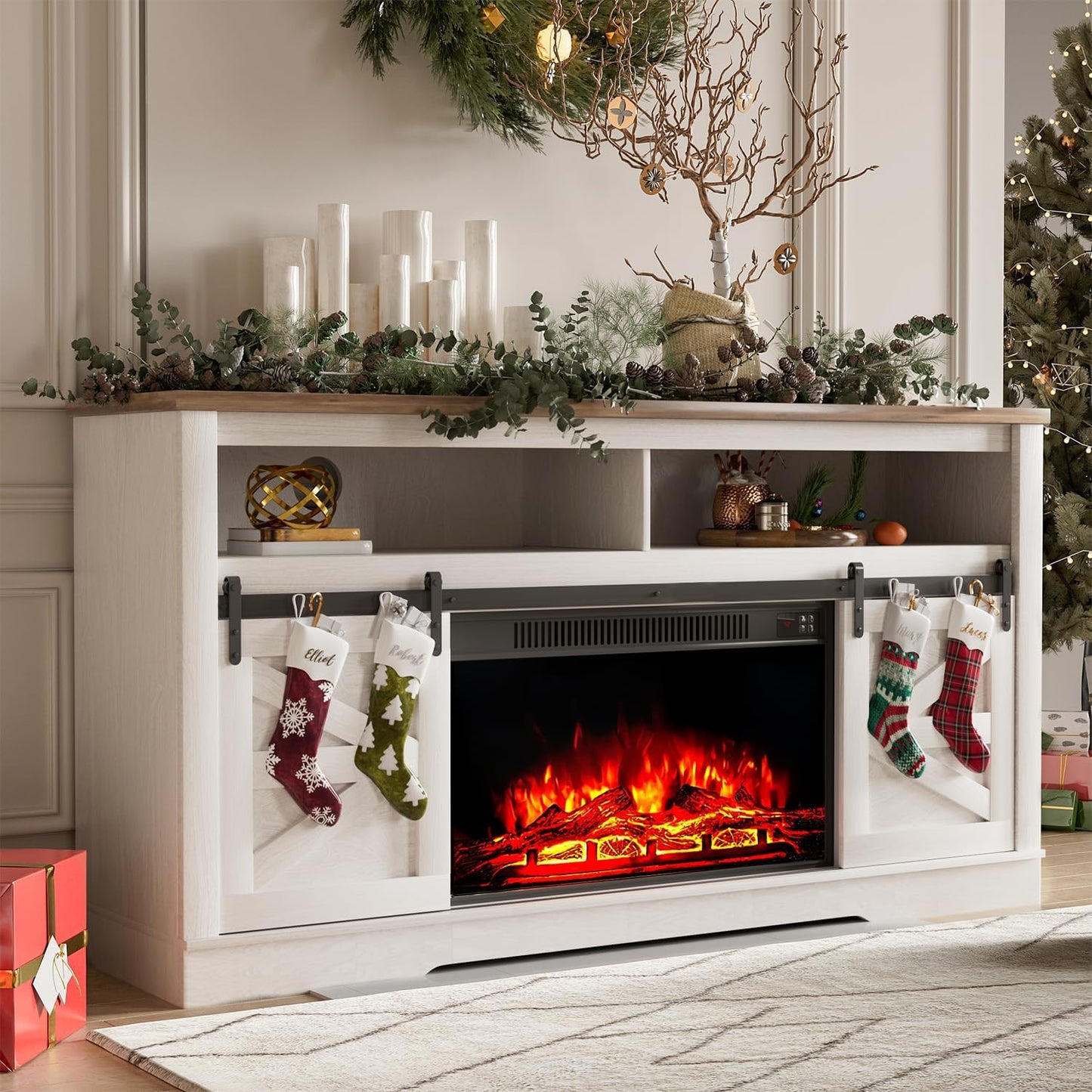 TV Stand for 65 Inch TVs with Sliding Barn Doors and Storage Cabinets