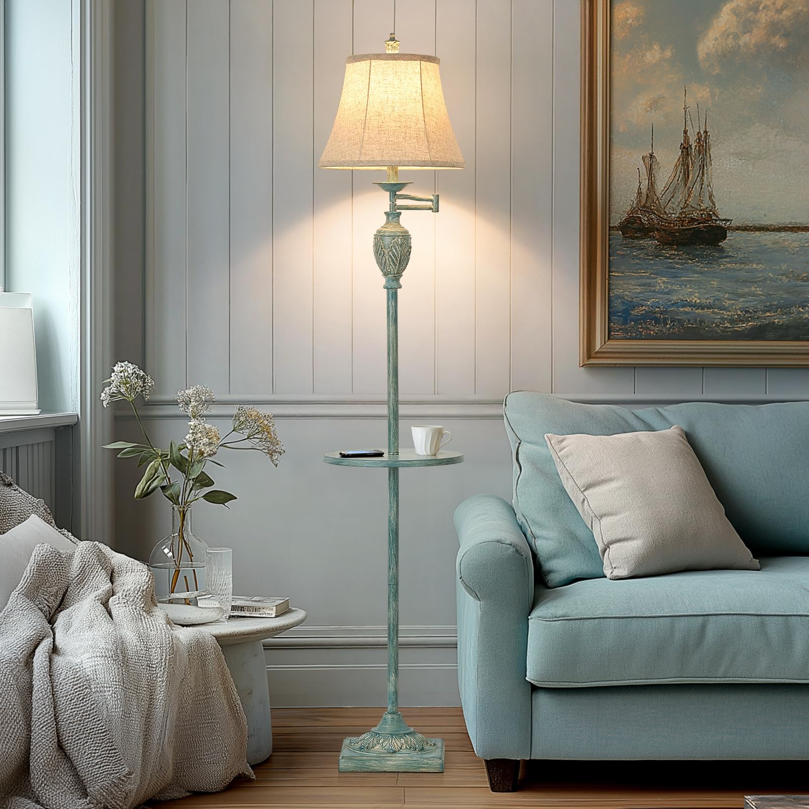 Vintage LED Floor Lamp with Adjustable Swing Arm Faux Silk Shade Rustic Standing Light for Living Room Bedroom Office