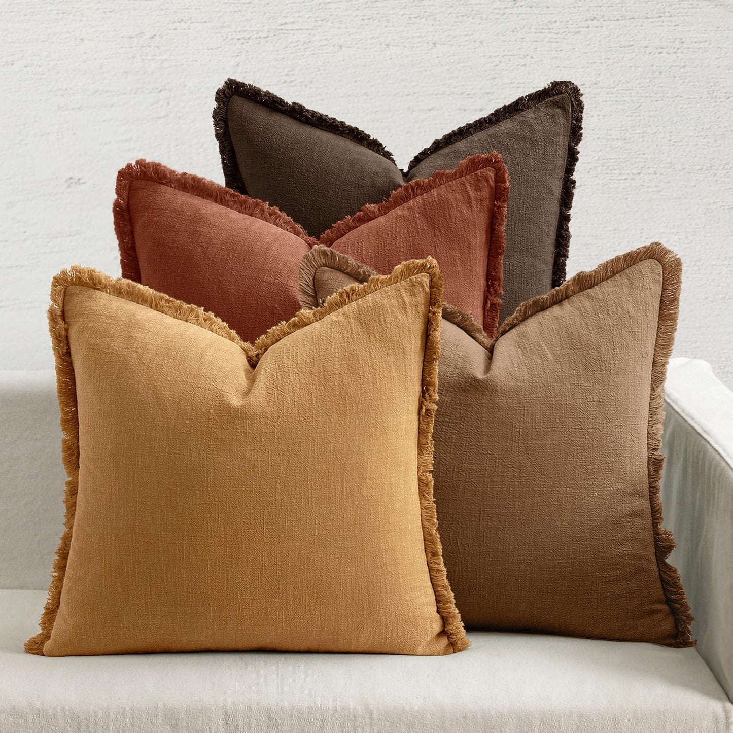 Neutral Linen Fringe Throw Pillow Covers Set of 4 Boho Farmhouse Tassel Cushion Covers for Sofa Bed Living Room Decor