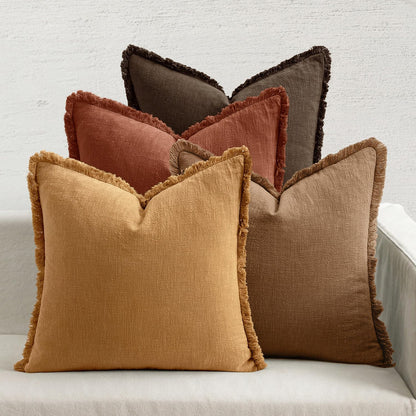 Neutral Linen Fringe Throw Pillow Covers Set of 4 Boho Farmhouse Tassel Cushion Covers for Sofa Bed Living Room Decor